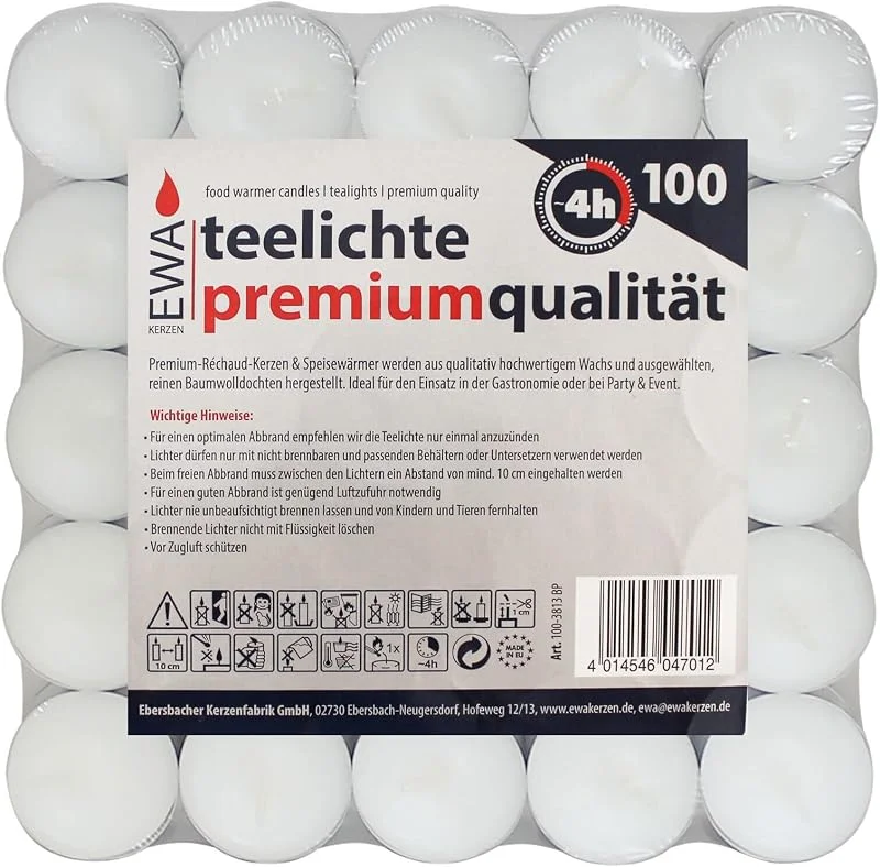 Marke: EWA - Kerzen Teelichter weiß mit Metallhülle 100 Stück ca. (ØxH) 39 x 13 mm — Kerzenlicht Abendessen