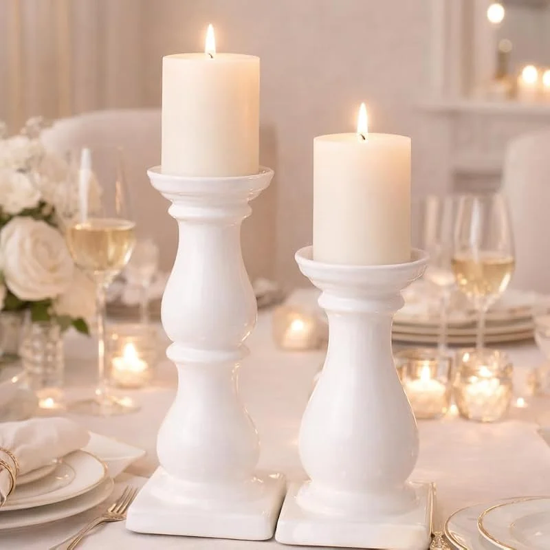 Besuche den DRULINE-Store 2er-Set Kerzenständer Weiß Kerzenleuchter Kerzenhalter Weiss Keramik Größe 16, 25 cm Stumpenkerzenhalter Windlicht Teelichthalter Deko Ideen Stabkerzenhalter Set Säulenständer Hochzeitsdeko Weiß — Advent und Tisch