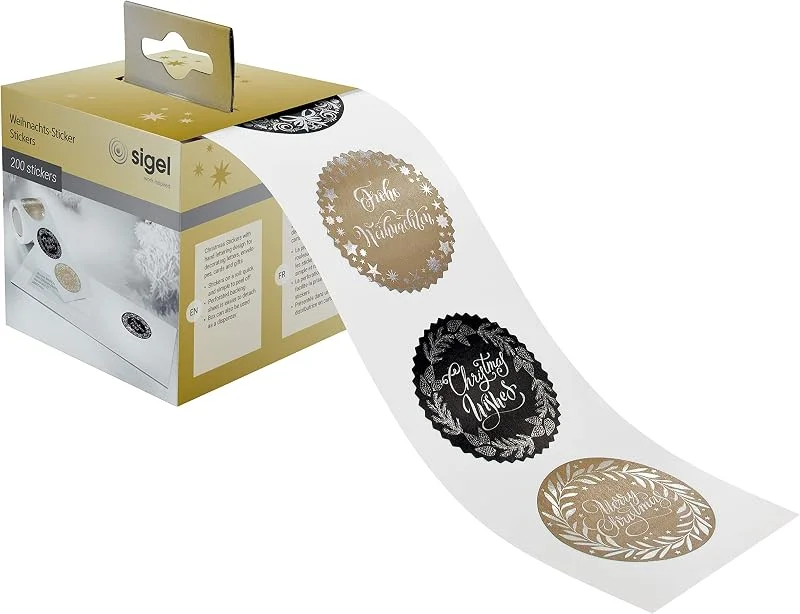 Besuche den Sigel-Store SIGEL CS120 Weihnachtssticker auf Rolle, 4 Motive, gesamt 200 Aufkleber, 4, 5x5 cm "Christmas Lettering" — Geschenkverpackung