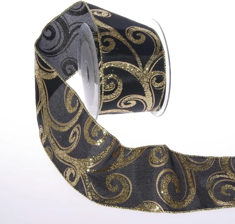 Marke: Deko AS GmbH Dekoband schwarz - Taftband - Geschenkband breit - Weihnachtsband - Schleifenband mit Drahtkante und Ranken - Glitzerband - col.92 schwarz, gold - 93196 — Geschenkverpackung