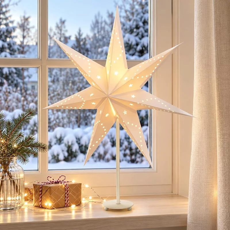 Besuche den SALCAR-Store SALCAR LED-Weihnachtsstern mit Fuß, 55 cm Papierstern in Weiß — Weihnachtsdeko