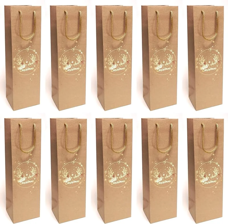 Marke: s.dekoda 10 Stück Premium Flaschentasche - Merry Christmas - Natur Gold Papier Geschenktüte Flaschentüte — Geschenkverpackung