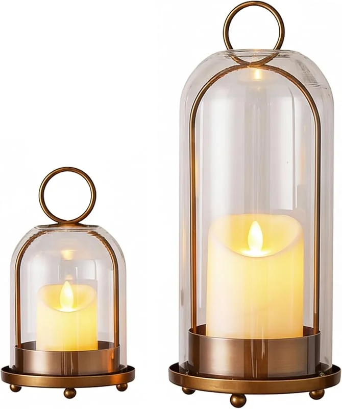 Marke: Bemonew Set mit 2 Windlichtern aus Glas Goldener Metall-Kerzenhalter für rustikale Landhausdekoration Kerzenhalter aus Klarglas — Kerzenlicht Abendessen