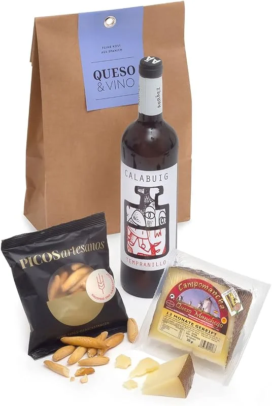 Besuche den jamon.de-Store Geschenktüte QUESO y VINO, Rotwein, Manchego Käse und Cracker — Wein und Festtafel