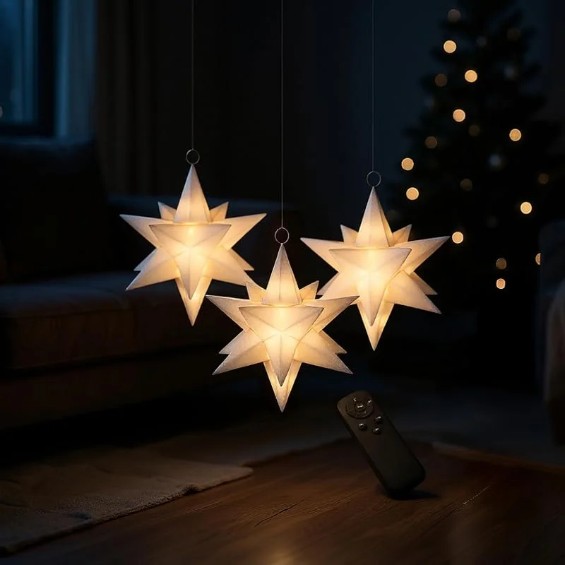 Besuche den Spetebo-Store 3D Leuchtstern 3er Set LED warm weiß mit Fernbedienung mit Timer - 13 cm - Schwebende Sterne mit Dimmer und multicolor Farbwechsel - Weihnachten Advent Winter Deko Stern Leuchte Batterie betrieben — Weihnachtsbeleuchtung