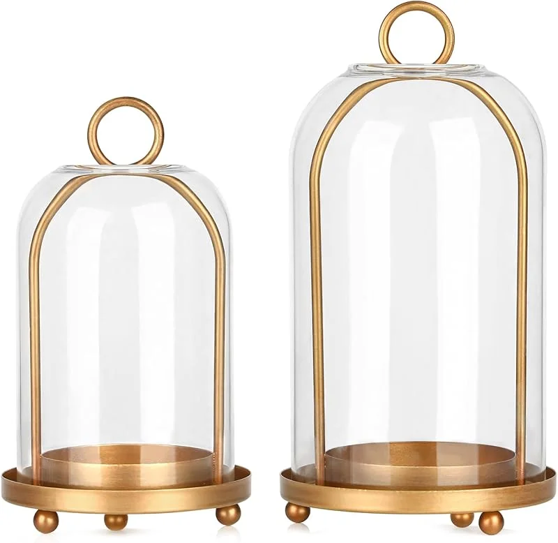 Marke: SUJUN Kerzenlaterne im Vintage-Stil aus Messing mit dicker Glaskuppel – Set mit 2 Kerzenhaltern im Shabby-Chic-Stil (13, 3 x 25, 4 cm & 11, 4 x 20 cm) – zum Aufhängen oder als Tischdekoration für Stumpenkerzen — Kerzenlicht Abendessen