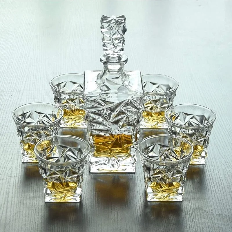 Marke: QJYNS Wein Dekanter Whisky Dekanter Set, Kristallglas Dekanter Für Alkohol Mit Stopfen, Quadratisches Design Wein Dekanter - 750 Ml Karaffe Und 320 Ml Gläser — Wein und Festtafel