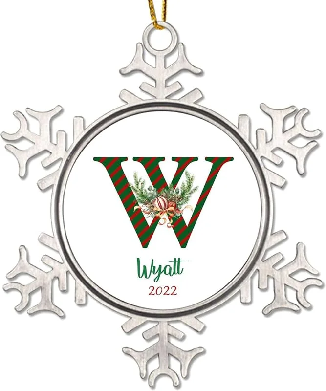 Marke: CowkissSign Monogramm Initiale Buchstabe W Weihnachten Metall Schneeflocke Ornament Benutzerdefinierte Weihnachtskranz Streifen Buchstabe Xmas Tree Ornament 7, 6 cm Weihnachtsdekorationen Neues Zuhause