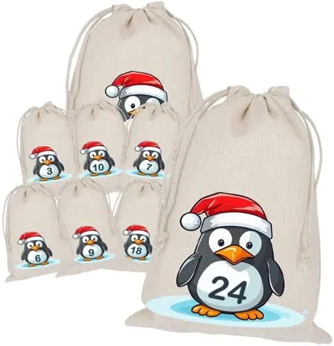 Besuche den Print Deluxe-Store Pinguin Adventskalender zum Befüllen, 24 Stoffbeutel, Bedruckt 20x15 Groß, Weihnachten Geschenksäckchen, Säckchen, DIY Selber Befüllen, Weihnachtskalender — Advent und Tisch