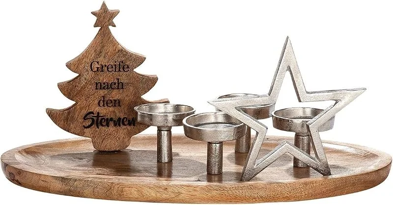 Besuche den GILDE-Store GILDE Deko großer Adventsleuchter XL Kerzenhalter 4 Flammig Holz - Leuchter für 4 Kerzen mit Deko Stern Tannenbaum mit Spruch - Breite 50 cm — Weihnachtsbeleuchtung