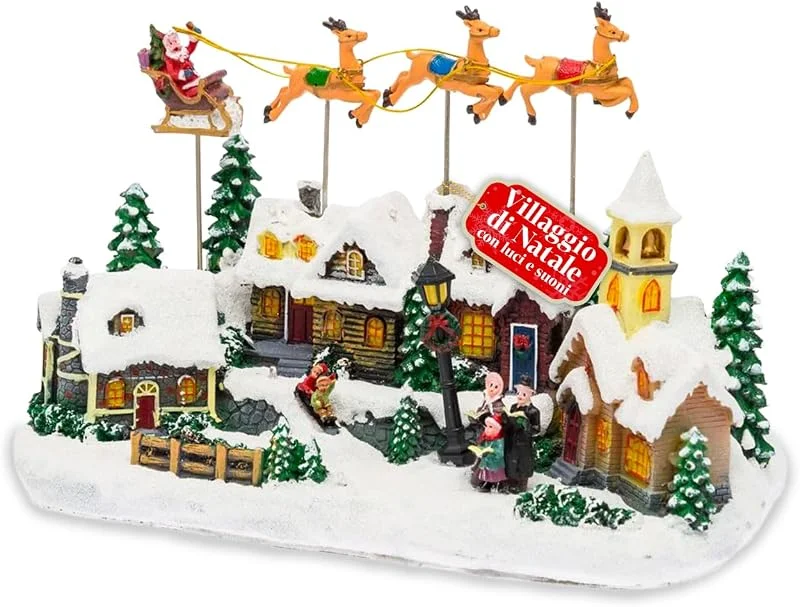 Marke: Avilia Avilia – Weihnachtsdorf Frostvale Animiert mit beweglichem Schlitten, warme LED-Lichter und Weihnachtsmusik, handbemalte Dekoration mit USB-Kabel und realistischen Details für Zuhause oder Festliches — Weihnachtsdeko