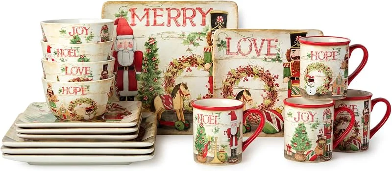 Marke: Cerified International Nussknacker Parade Weihnachten 16-teiliges Geschirr-Set, Service für 4 - Vintage Holiday Keramik Teller, Tassen & Schalen - Weihnachtsmann, Nussknacker, Rentierkunst - Festliches Geschirrservice für 4 — Advent und Tisch