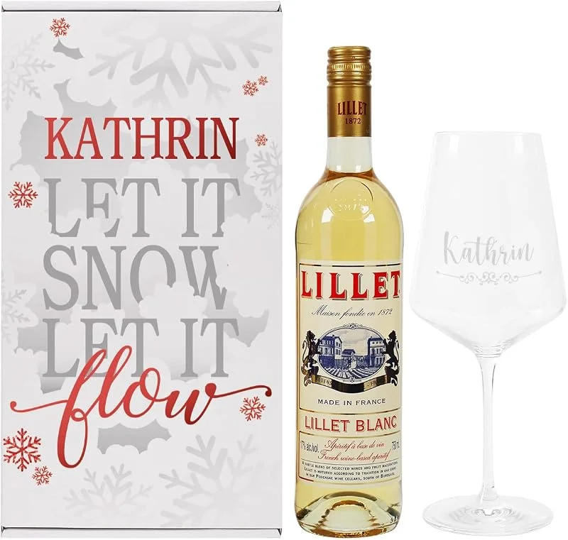 Besuche den Herz & Heim-Store Herz & Heim® Lillet Geschenkset "Let it snow, let it flow" mit graviertem Weinglas, Geschenkbox und 1 Flasche Lillet blanc oder rosé, Geschenkidee Blanc — Geschenkverpackung
