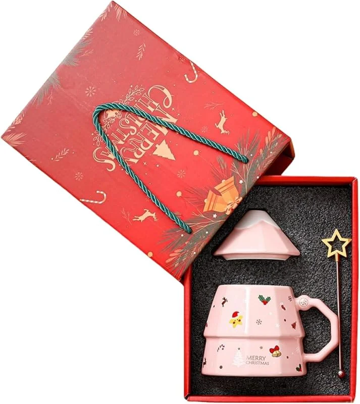 Marke: HSTWODE 350ml Weihnachtstasse, Weihnachtsbaumbecher Keramiktasse, Tee Saft Milch Weihnachtstassen mit Deckel, Kreative Weihnachtsbaum Kaffeetasse für Geburtstag Weihnachten Geschenke (Rosa) — Advent und Tisch
