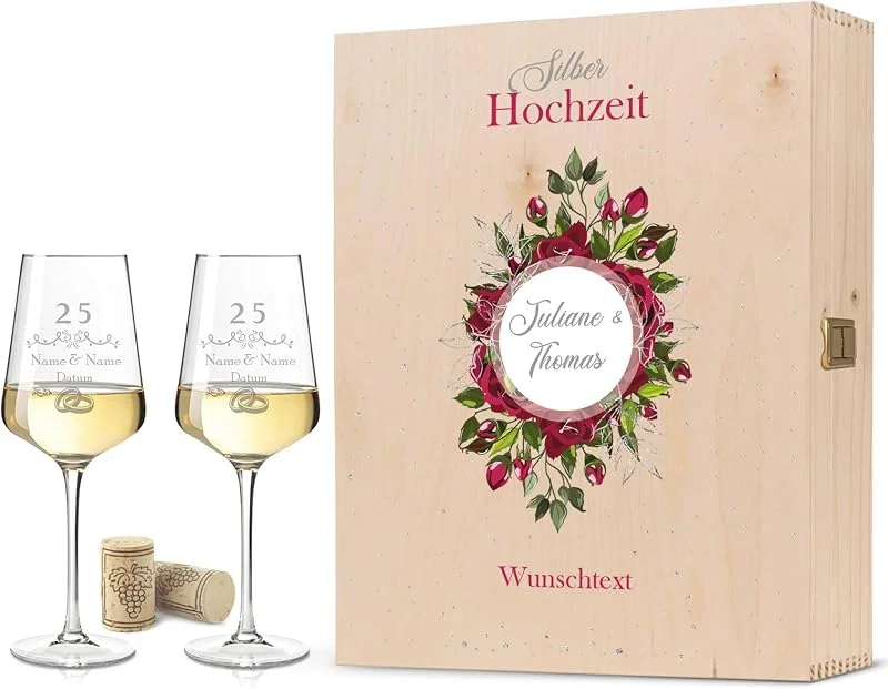 Besuche den GRAVURZEILE-Store GRAVURZEILE Weißweingläser mit Gravur - Silberhochzeit - mit Holzkiste — Wein und Festtafel