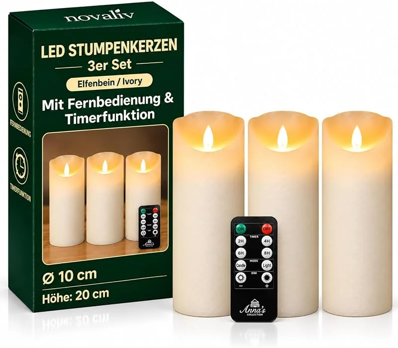 Besuche den Novaliv-Store Novaliv 3er Set Große LED Stumpenkerze Elfenbein Ivory ø 10cm x 20cm Höhe je 2 C Batterien nötig LED Kerze mit Flackereffekt und Timer flammenlose Stumpenkerze - LED Kerze groß Weihnachtsbeleuchtung — Advent und Tisch