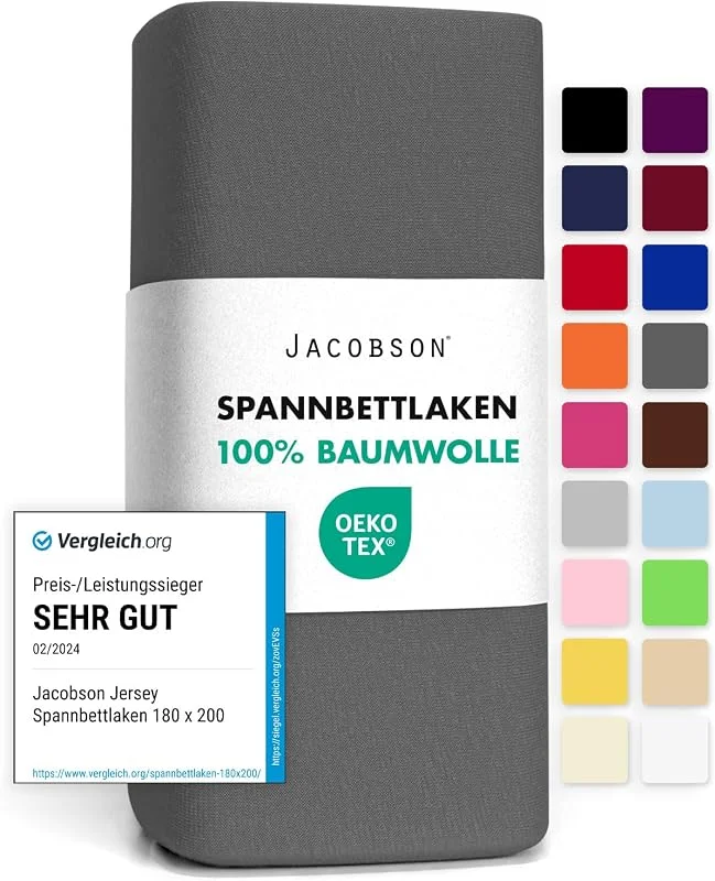 Besuche den JACOBSON-Store Jacobson Jersey Spannbettlaken Spannbetttuch Baumwolle Bettlaken (180x200-200x200 cm, Anthrazit) — Wein und Festtafel