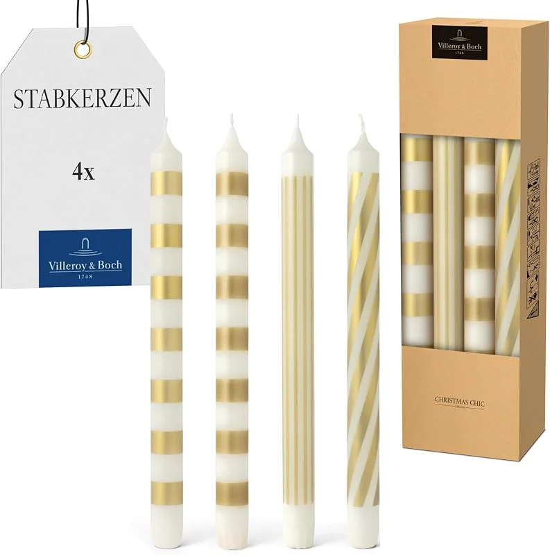 Villeroy & Boch - Christmas Chic Stabkerzen Set 4-teilig Weiß und Gold, Weihnachtsdekoration, Modern, Deko Weihnachten Elegant, Wachs — Advent und Tisch