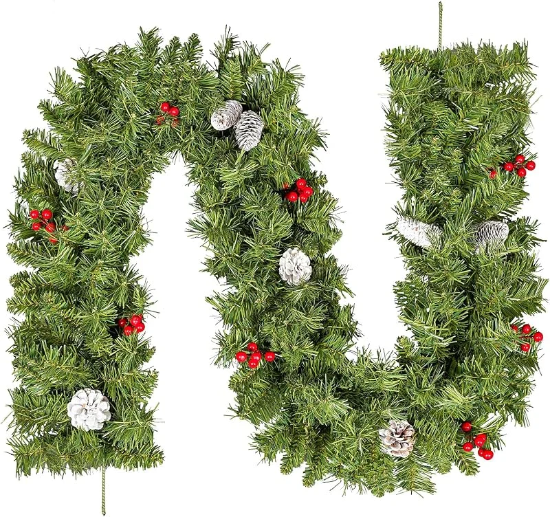 Besuche den himaly-Store himaly 180 cm, 6 ft Weihnachtsgirlande mit 8 Weiß Tannenzapfen, 8 Roten Beeren, Künstliche Grün Girlanden aus PVC, Weihnachtliche Rattan Hängetreppe Fenster Kamin Wand Haustür Weihnachtsdekoration