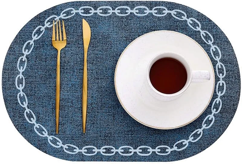 Besuche den Epinki-Store Epinki Tischsets Platzsets Abwaschbar Vintage Oval, 2er Set 30x44CM Platzsets Abwaschbar Für Weihnachten Kette Muster Hitzebeständige aus PU Leder, Tisch-Sets Dunkel Blau für Küche Hotel — Küche & Haushalt