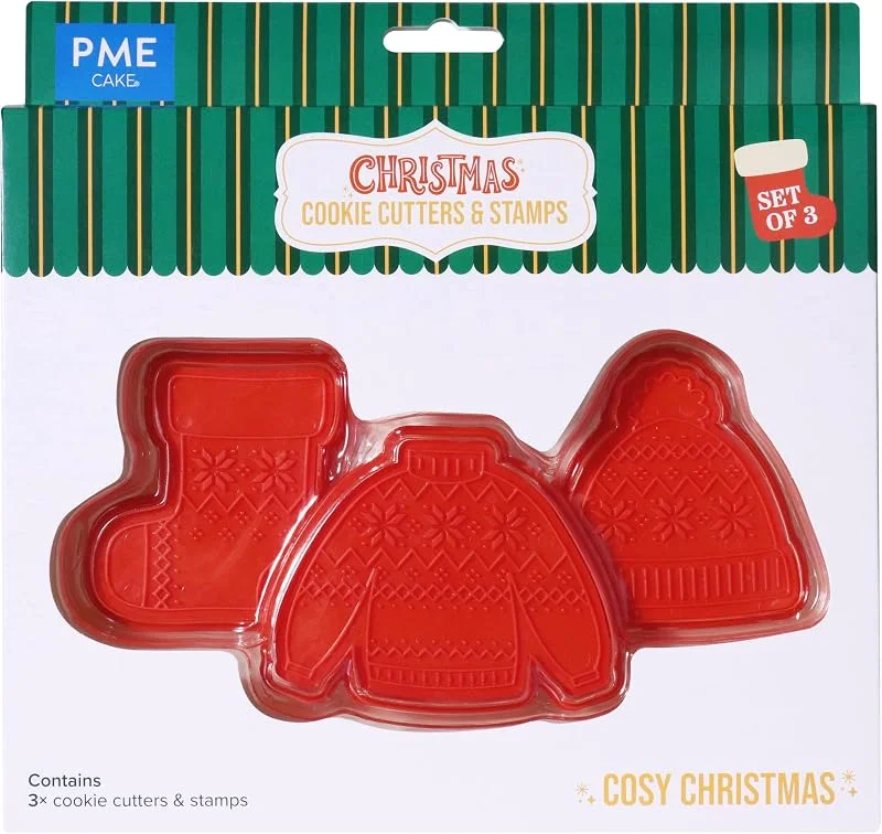 Marke: PME PME Weihnachts-Keksausstecher und Stempel - Gemütliches Weihnachten (3er-Set), Cozy Winter, Rot — Weihnachtskueche