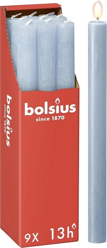 Besuche den bolsius-Store Bolsius - Rustik Stabkerzen - Hellblau - 9 Stück - 27 x 2.3 cm - Länge Brenndauer 13 Stunden - Unparfümierte - Enthält Natürliches Pflanzenwachs - Ohne Palmöl — Kerzenlicht Abendessen