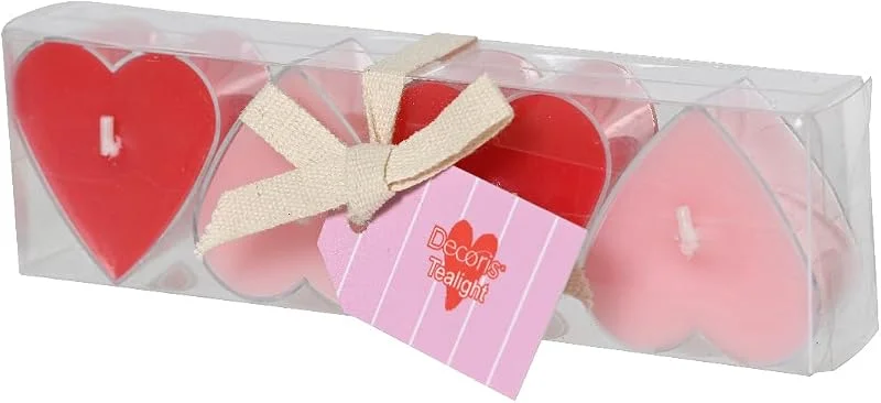 Marke: Decoris Teelichter Kerzen Paraffin 2x4cm Herzen 4 Stück - klein & duftneutral - Teelicht für Hochzeit Valentinstag Muttertag - Tischkerzen Dekokerzen - Tischdeko & Hochzeitsdeko - Rot Rosa — Kerzenlicht Abendessen
