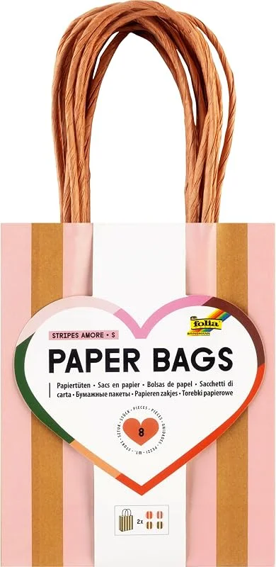Besuche den folia-Store Folia 21224, 8 - Paper Bags Stripes Amore S, 8 Papiertüten aus 110 g, m² FSC-Mix Papier in 4 Farben, ca. 12 x 15 x 5, 5 cm, zum Basteln, Verzieren und Verschenken, 8 Stück — Geschenkverpackung