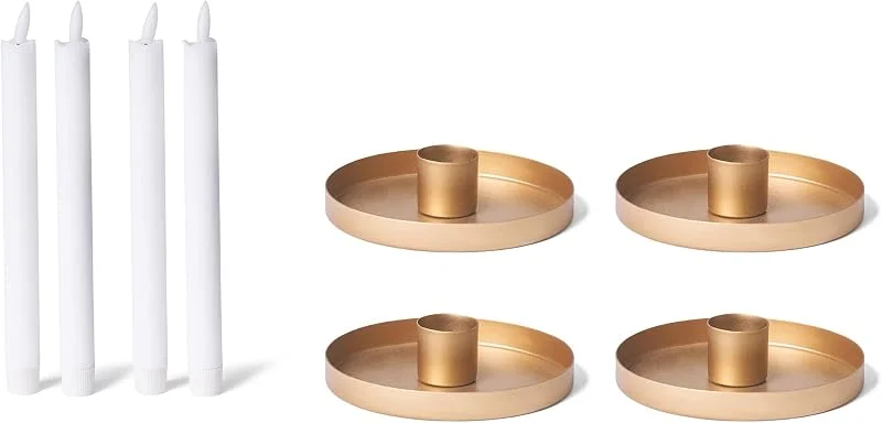 Besuche den Novaliv-Store Novaliv 4X Kerzenhalter 6cm Metall Stabkerzen Tafelkerzen Gold mit LED-Kerzen Echtwachs Premium Stabkerzen flammenlos elektrisch Adventskranz Kerzenständer weihnachtliche Tischdekoration — Kerzenlicht Abendessen