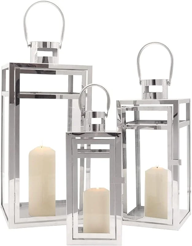 Marke: DHSKFUA Set von 3 Edelstahl -Laterne 48 cm & 38 cm & 30 cm High Metal Candle Halter mit klaren Glasscheiben Perfekt für Wohnzimmerpartys Events Tafel im Freien (Roségold) Progress — Kerzenlicht Abendessen