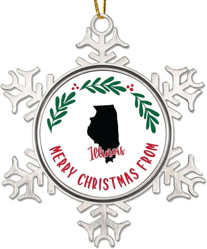 Marke: CowkissSign Merry Christmas From Illinois States Metall Schneeflocke Xmas Ornaments Illinois Weihnachtskranz Weihnachten Ornamente Patriotische USA Staat Xmas Hanging Christmas Party Supplies — Weihnachtsdeko