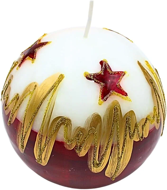 Besuche den Dekohelden24-Store Edle Kugelkerze, Tischkerze, Dekokerze, Wachskerze mit Weihnachtsmotiv, Weihnachtskerze als Kugel 10 cm Christstern, in weiß, rot und gold. — Advent und Tisch