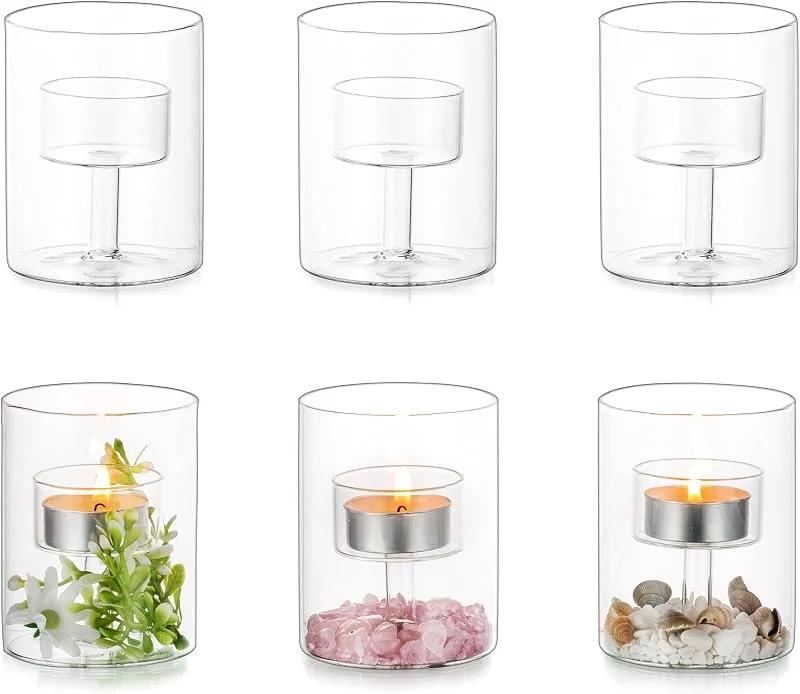 Besuche den Glasseam-Store Glasseam Teelichthalter aus Glas: kleiner Hurricane Zylinder-Votivkerzenhalter, Set mit 6 modernen Tischdekoration, Hochzeit, Weihnachten, Party-Dekorationen, 8, 9 cm — Kerzenlicht Abendessen