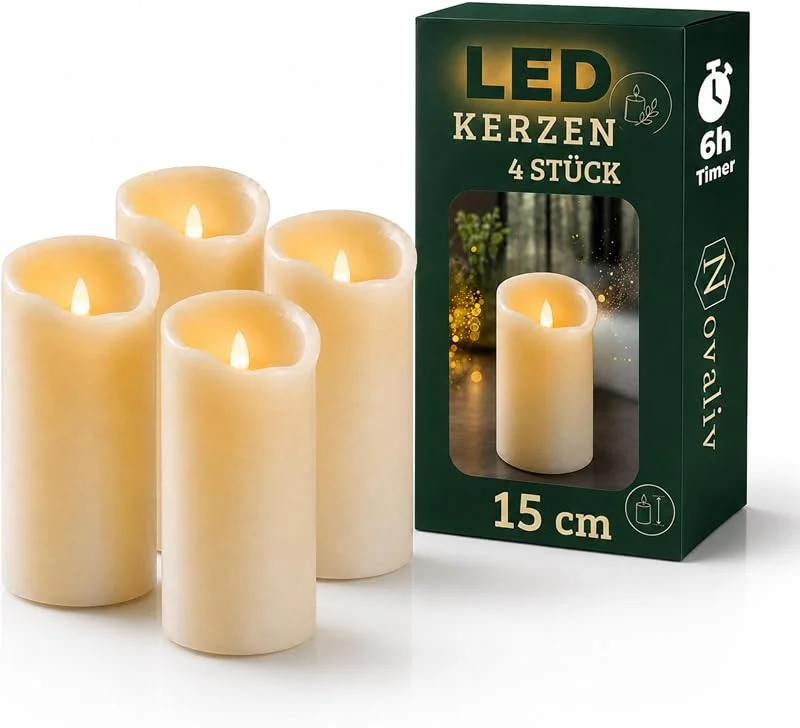 Besuche den Novaliv-Store Novaliv 4er Set LED Stumpenkerzen groß - Echtwachskerze mit beweglicher Flamme flackernd - Timerfunktion für 6 Stunden Warmweißes Licht 7, 5cm Durchmesser 15cm Höhe - 2 AA Batterien nötig — Kerzenlicht Abendessen