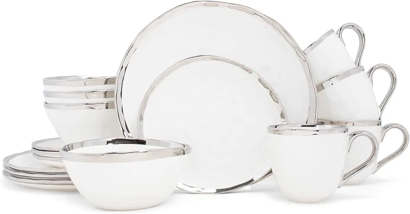Marke: Elanze Designs Elanze Designs 16-teiliges Geschirr-Set mit metallischen Blasen, Porzellan, Keramik, Teller, Schüsseln, Tassen, Geschirr-Set – Service für 4 Personen, weiß mit silbernen Akzenten — Advent und Tisch