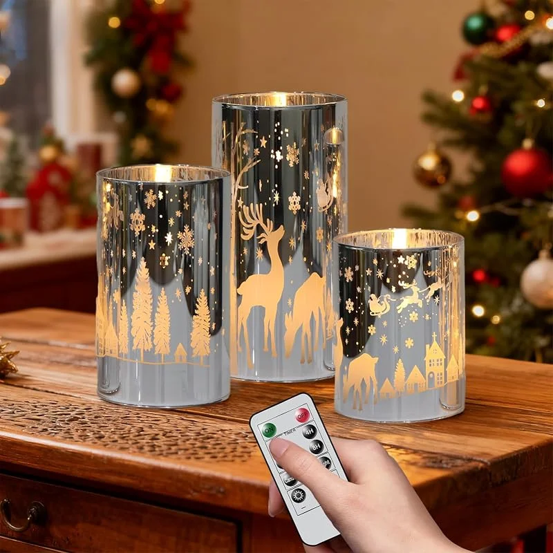 Marke: DRomance Flammenlose Weihnachtskerzen, batteriebetrieben, mit 10-Tasten-Fernbedienung und Timer, 3D-Docht, flackerndes galvanisiertes Glas, Rentier, LED-Kerzen, Innen-Urlaubsdekorationen (Silber, 7, 6 — Weihnachtsbeleuchtung