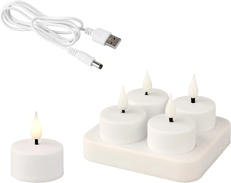 Marke: Lumineo Lumineo LED Teelichter mit Timer 4cm Kunststoff - 4er Set Elektrische Teelicht Kerzen - batteriebetrieben & über USB aufladbar - Teelichtkerzen flackernde Flamme Effekt - Dekokerzen Weiß Warmweiß — Kerzenlicht Abendessen