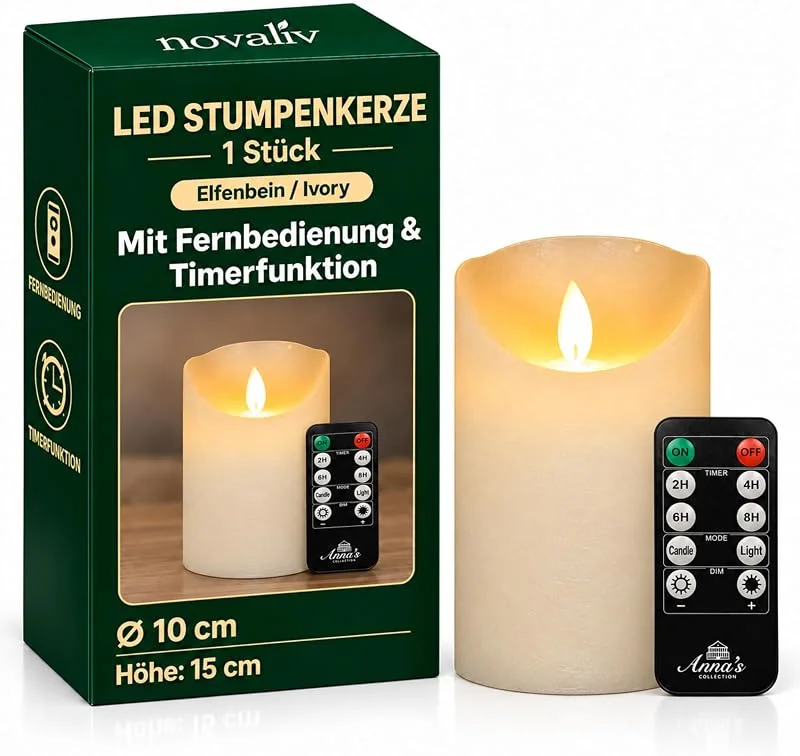 Besuche den Novaliv-Store Novaliv Große LED Stumpenkerze Elfenbein Ivory ø 10cm x 15cm Höhe - 2 C Batterien nötig LED Kerze mit Flackereffekt und Timer flammenlose Stumpenkerze - LED Kerze groß Weihnachtsbeleuchtung — Kerzenlicht Abendessen