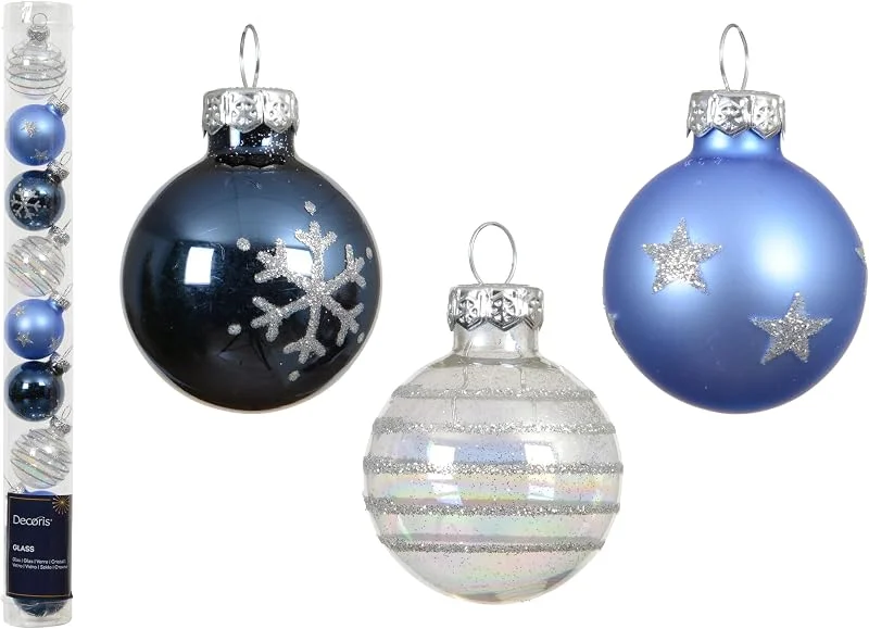 Marke: Kaemingk Weihnachtskugeln Glas mit Motiven 3cm 9er Set - kleine Christbaumkugeln Weihnachtsbaumkugeln für Weihnachten - Christbaumschmuck & Weihnachtsbaumschmuck Blau Weiß Mix — Weihnachtsdeko