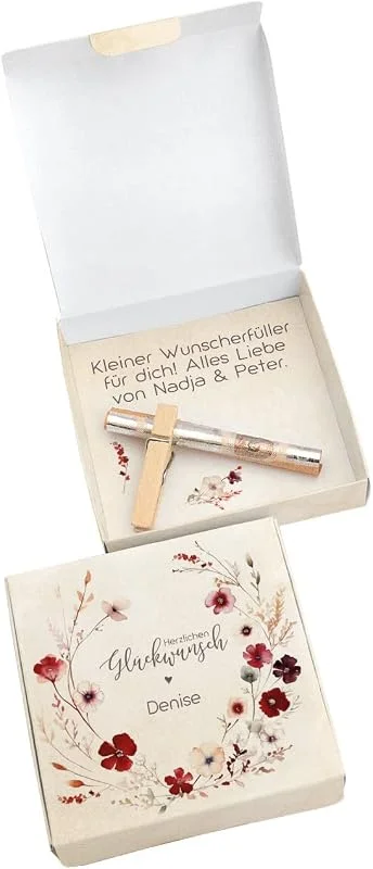 Besuche den Herz & Heim-Store Herz & Heim® Falt-Geschenkbox zum Aufklappen mit Geldklammer, verschiedenen Motiven und Personalisierung Herzlichen Glückwunsch - Blütenkranz — Geschenkverpackung