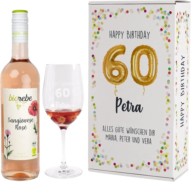 Besuche den Herz & Heim-Store Herz & Heim® Geburtstagsset mit Biorebe Bio-Wein und graviertem Leonardo Weinglas in Geschenkverpackung Rosé, 60. Geburtstag — Wein und Festtafel