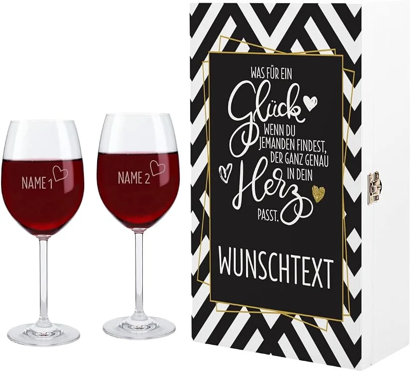 Besuche den Herz & Heim-Store Herz & Heim® 2 Leonardo Weingläser mit Gravur wunderschönes Geschenk zur Hochzeit mit weißer Premium Verpackung Glück — Wein und Festtafel