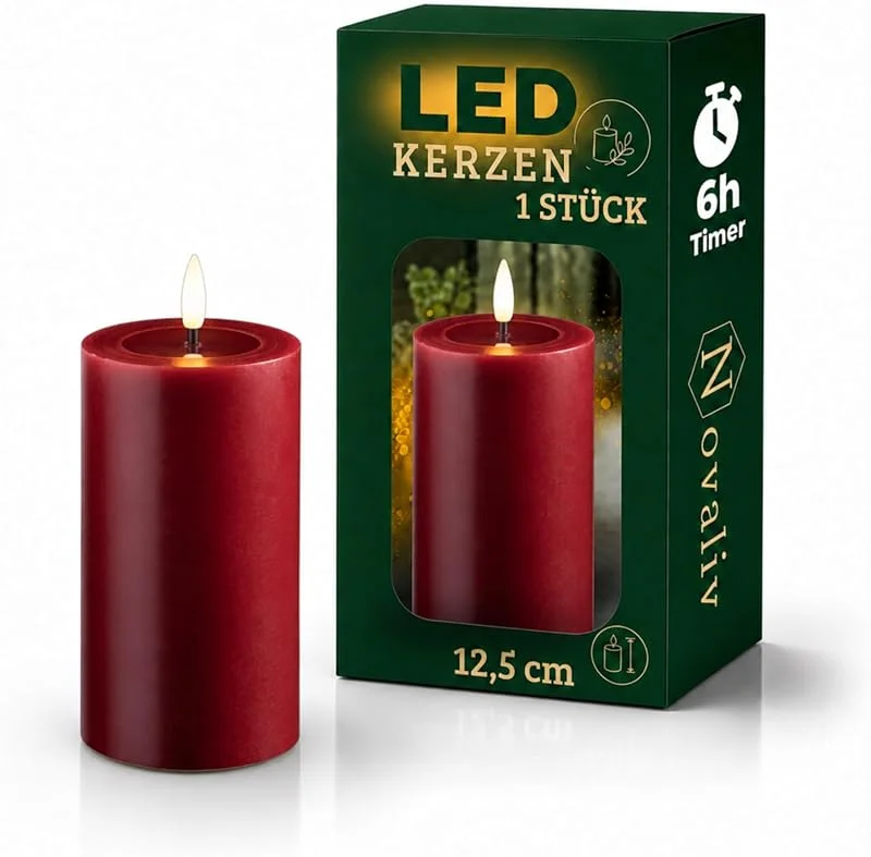 Besuche den Novaliv-Store Novaliv Mittlere LED Stumpenkerze mit Timer rot 7, 5cm ø 12, 5cm Höhe - 2 AA Batterien nötig LED Echtwachskerze mit Flackereffekt flammenlose Stumpenkerze - LED Kerze mittel dick Echtwachspiegel — Advent und Tisch