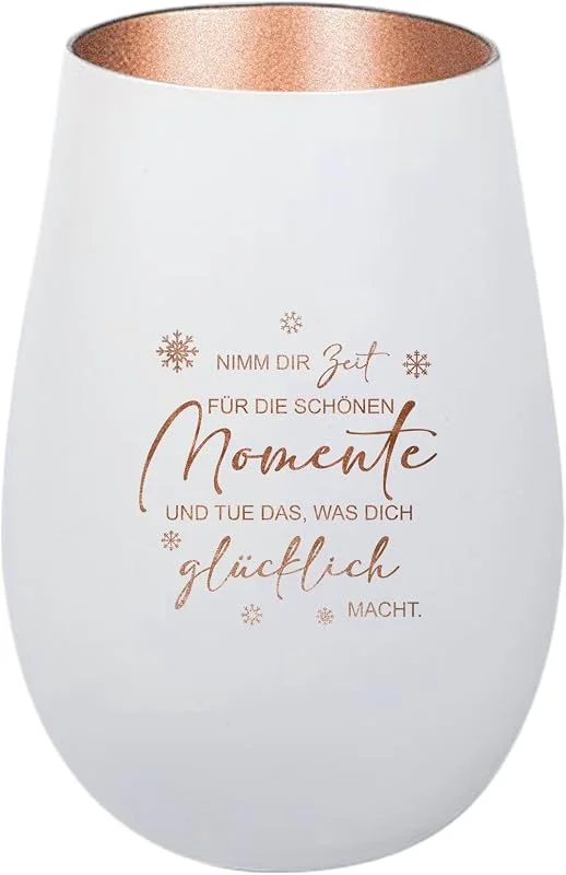 Besuche den Der-Porzellan-Laden-Store Windlicht mit Gravur Nimm dir Zeit für die schönen Momente, Weiß Bronze, Teelichthalter aus Glas mit Spruch, Tischdeko modern — Advent und Tisch