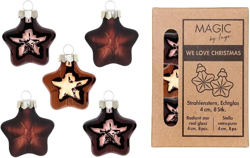 Besuche den Inge-glas-Store Christbaumschmuck Sterne Glas 4cm x 8 Stück in Kartonbox Weihnachtskugeln Set braun Cognac Diamond — Weihnachtsdeko