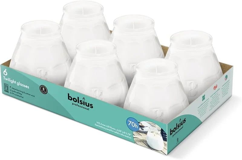 Besuche den bolsius-Store Bolsius – Outdoorkerzen - 6 Stück - Im Glass - Weiß - Brenndauer 70 Stunden - Ohne Palmöl - sauberes Abbrennen - Baumwolldocht — Kerzenlicht Abendessen