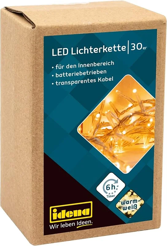 Besuche den Idena-Store Idena 8582074 - LED Lichterkette mit 30 LEDs in Warmweiß, 6 Stunden Timer Funktion, batteriebetrieben, ca. 2, 6 m lang, Deko für Innen, zum Basteln, als Party Deko, Weihnachtsdeko, zur Hochzeit — Weihnachtsbeleuchtung
