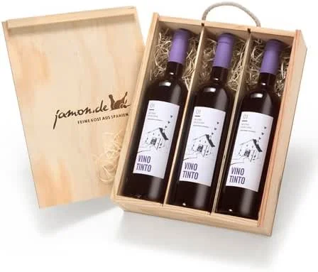 Besuche den jamon.de-Store Weingeschenk TINTO, 3 Flaschen Rotwein aus Spanien in Holzkiste — Wein und Festtafel