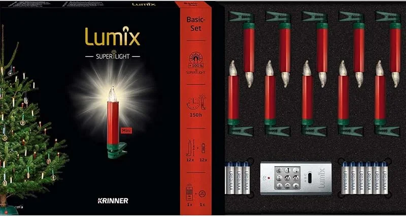 Besuche den Lumix-Store Lumix® LED kabellose Weihnachtsbaum Christbaumkerzen SuperLight Mini Metallic Rot von Hand lackiert 12er Basis-Set Warmweiß inkl. Fernbedienung 4h Ausschalt-Funktion 9cm 75546 — Weihnachtsbeleuchtung