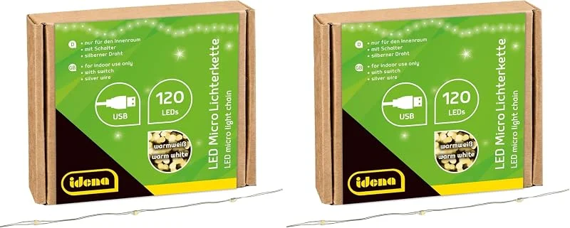 Besuche den Idena-Store Idena 31483 - LED Micro Lichterkette mit 120 LEDs in Warmweiß, mit USB Stecker und Schalter, ca. 13, 5 m lang, Deko für Innen, zum Basteln, als Party Deko, Weihnachtsdeko, zur Hochzeit (Packung mit 2) — Weihnachtsbeleuchtung